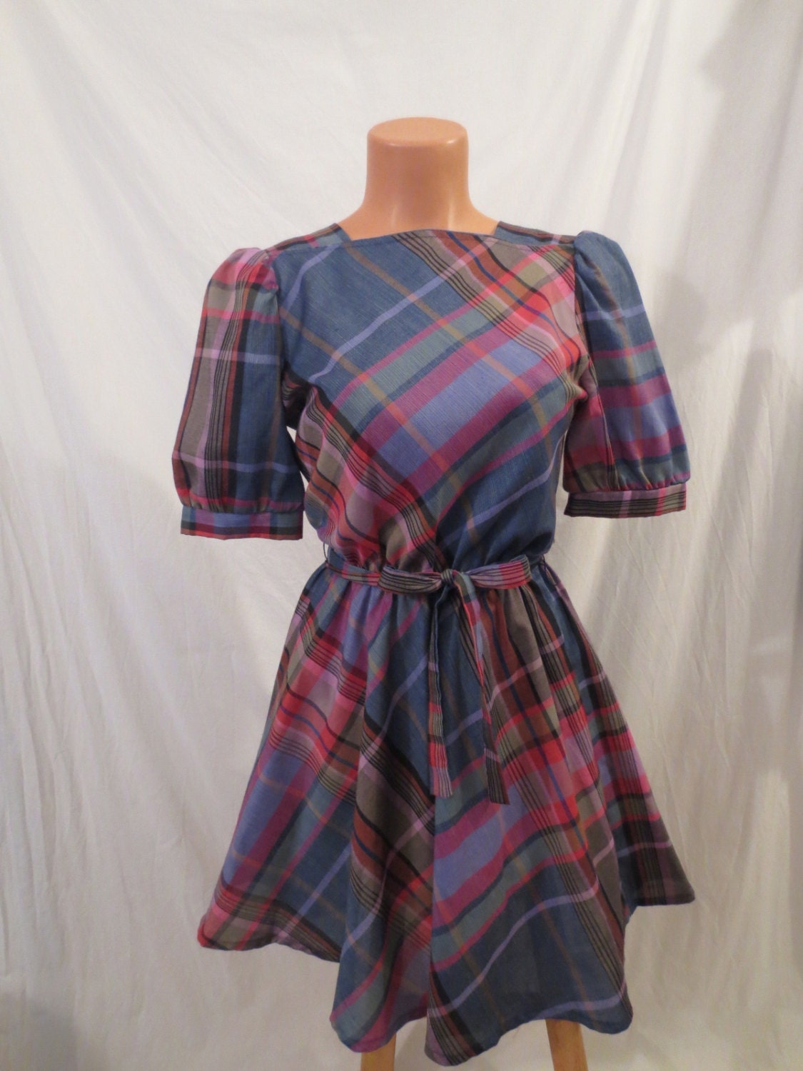 TEACHERS PET Eber San Francisco blue plaid day dress Flashdance prairie girl - full skirt - sz xs