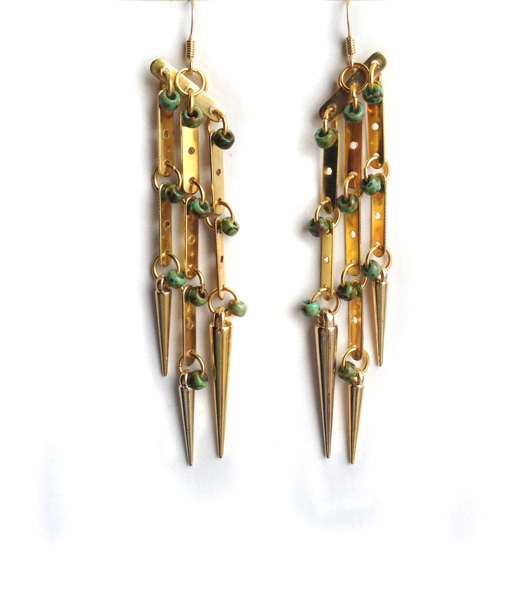 Aura Chime Earrings, green picasso turquoise gold spike chandelier carnival