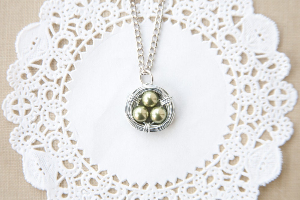 green pearl wire wrapped bird nest necklace