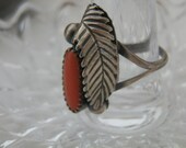 Navajo Red Coral Silver Leaf Ring. Size 6