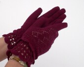 knitted burgundy  fishnet gloves with crocheted lace for women