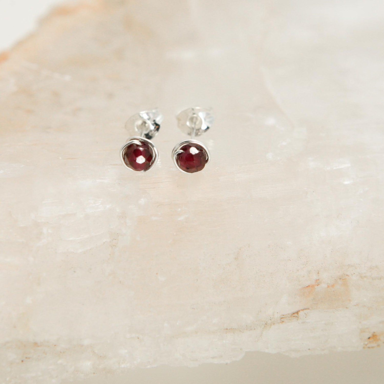 Small Garnet Faceted Stud Earrings - Sterling Silver Burgundy Gemstone Faceted Rounds -  Joy, Love, Passion, January Birthstone