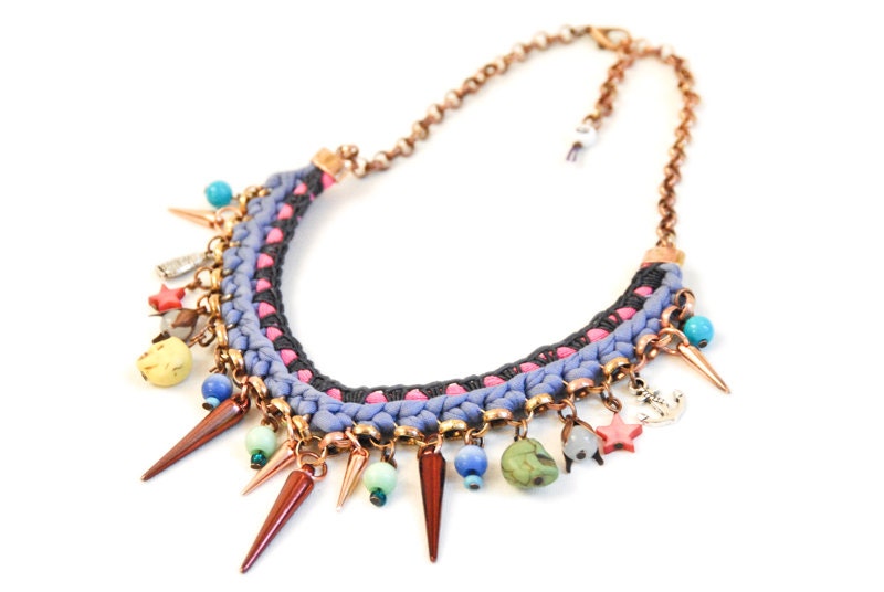 Charm Statement Necklace, Crochet Bib, Fabric Necklace, Light Blue Neon Pink Dark Blue Jersey Yarn Various Charms 48 cm