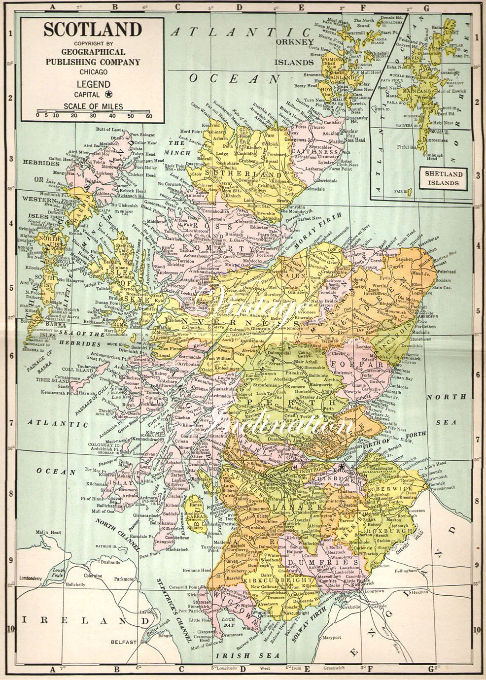 1936 LARGE SCOTLAND Map vintage map deco map wall map