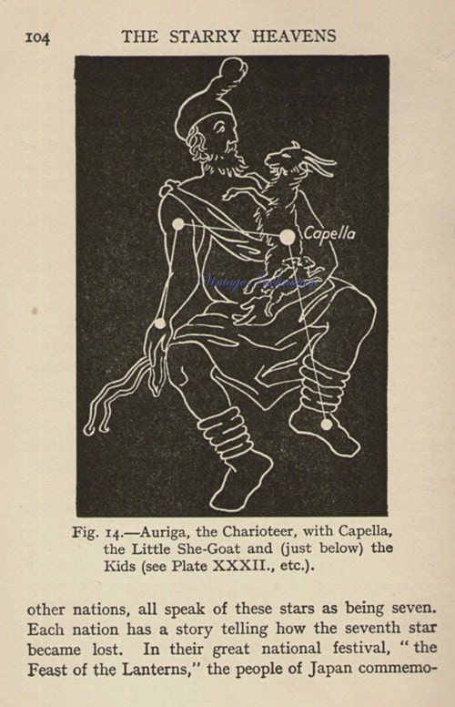 80 years old, AURIGA THE CHARIOTEER capella zodiac illustration, antique print, bookplate, astronomical star chart map space 1933 astrology