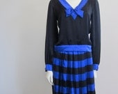 Nautical Top / Nautical Skirt / Blue Black / Pleated Skirt / Silk Blouse / Color Block / Silk Skirt / 80s Does 20s / Preppy / HIgh Fashion