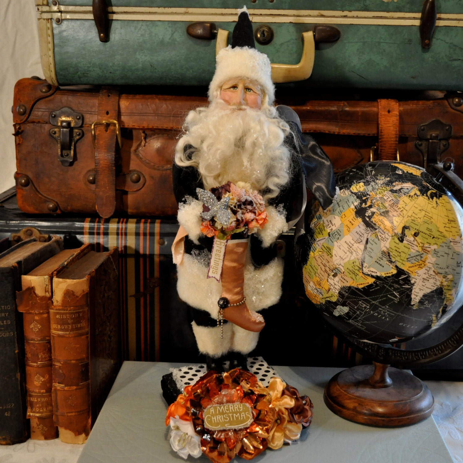 Santa art doll holding stocking filled with flowers - one of a kind clay and cloth figure