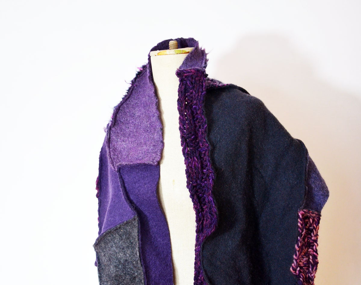 patchwork wool woman scarf shawl Cozy warm Hand knited purple violet plum unique, soft felted wool, geometrical, patchwork scarf, fashion