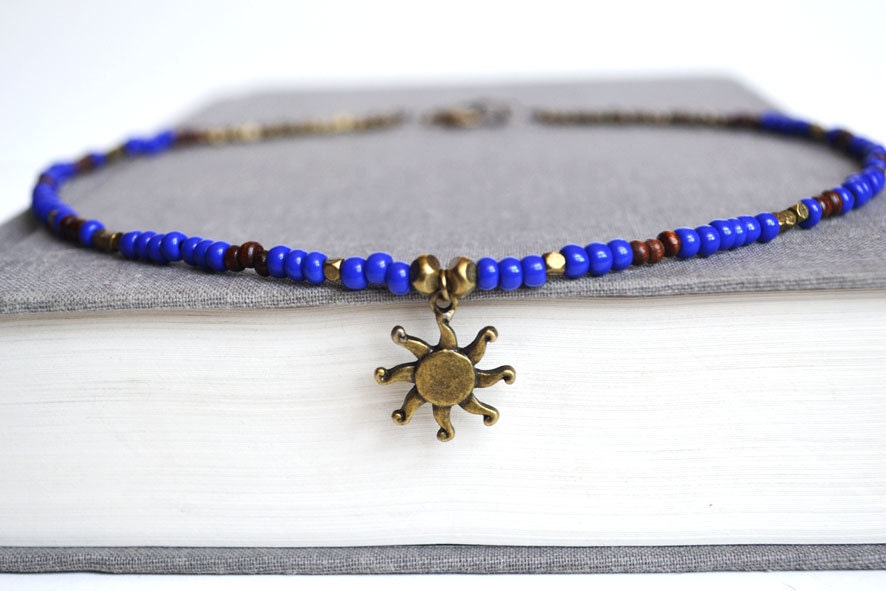 Sun Charm Beach Necklace, Blue and Brown Beaded La Sol Necklace, Wood and Cobalt Blue Bead Necklace