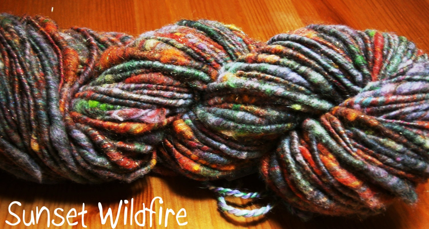 Handspun Yarn - Wool & Firestar - 2 Ply - Bulky Weight - "Sunset Wildfire" - Item 2013-005