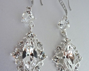 Crystal Rhinestone earrings - Marquise - Beautifully detailed - Sterling Silver ear wires -  Bridal jewelry - The princess -