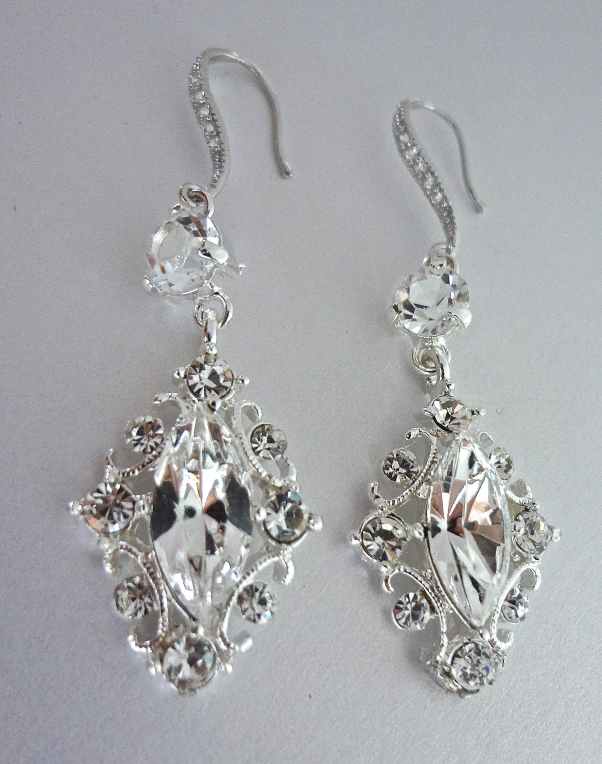 Crystal Rhinestone earrings - Marquise - Beautifully detailed - Sterling Silver ear wires -  Bridal jewelry - The princess -