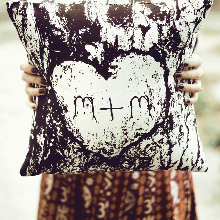 Personalized Carved Initials in Tree Bark Cotton Twill 14 x 14 Throw Pillow CASE ONLY