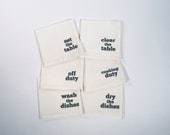 Set of Six Cloth Napkins, Hand Printed in Dinner Chores