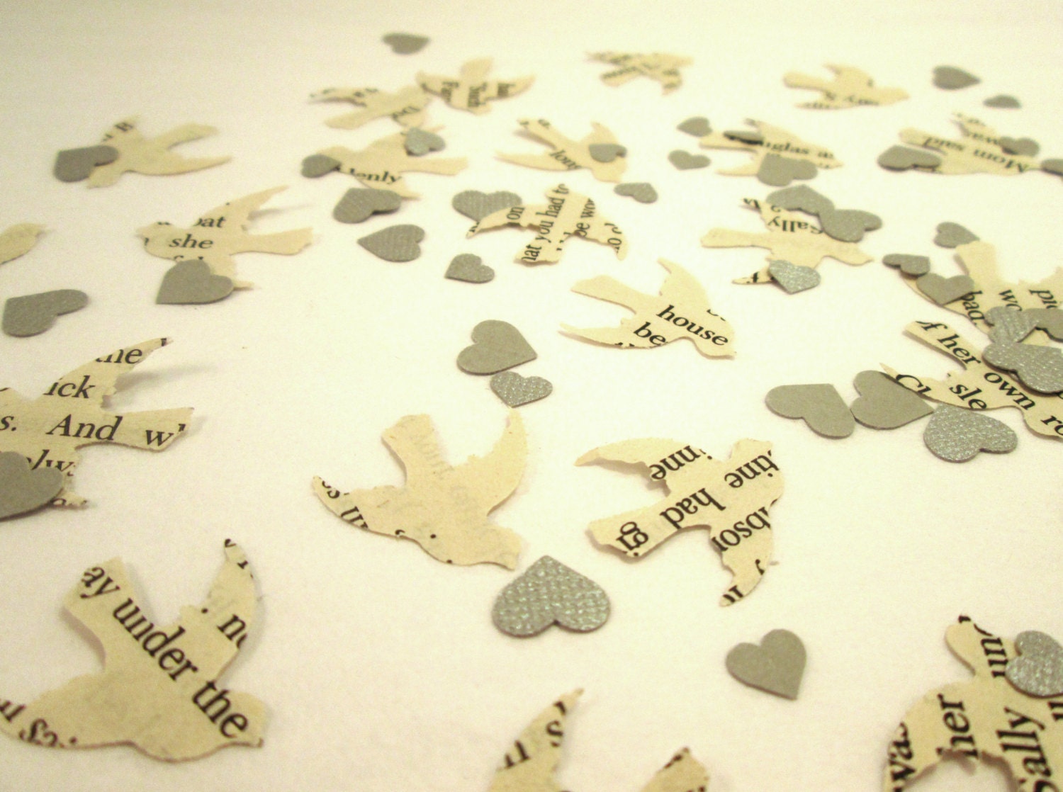 Book Page Bird Confetti  & Silver Mini Heart Confetti // Vintage Wedding