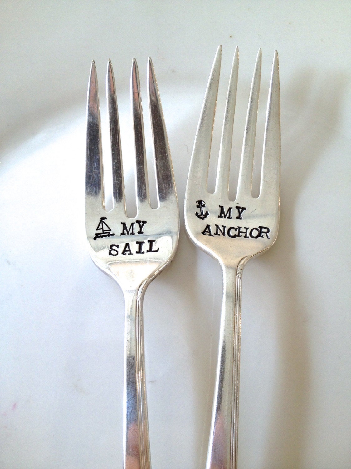 My Anchor and My Sail - Wedding Cake Fork Set  - Hand Stamped - Vintage Nautical Anchor Wedding -