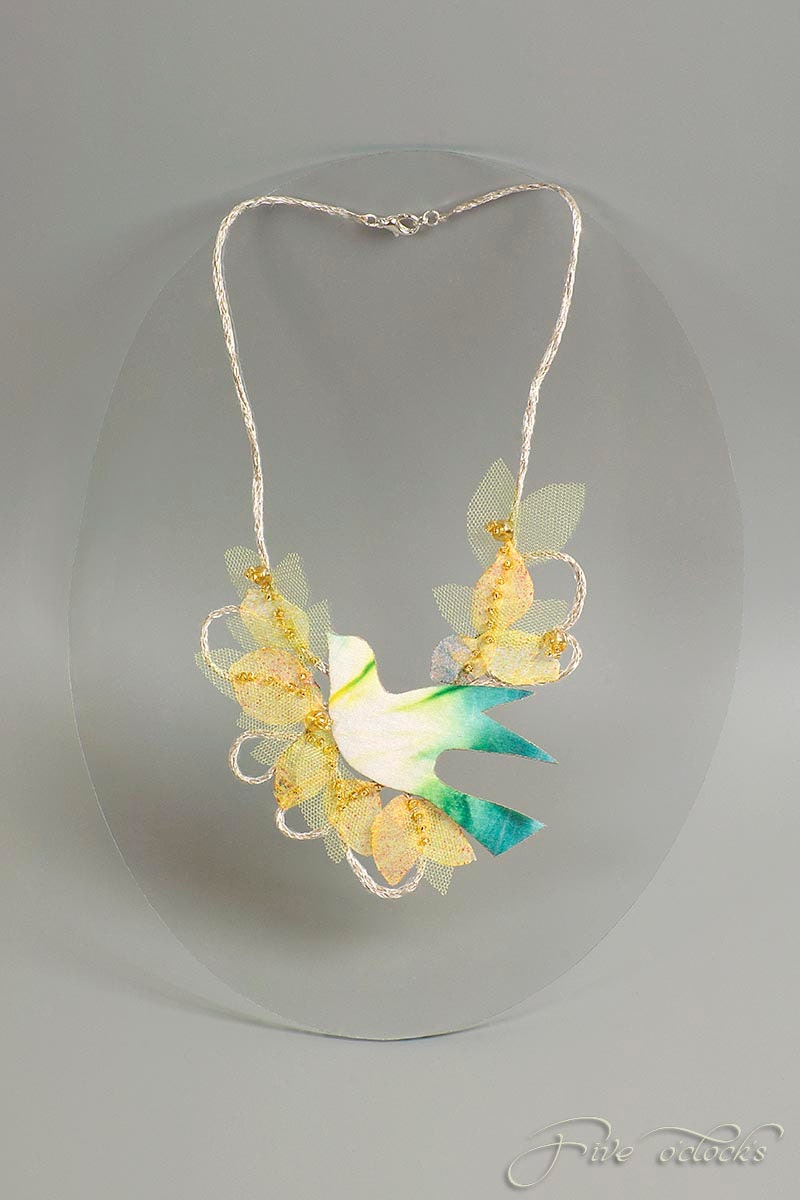 Statement bridal jewelry. Wedding bird necklace. Textile art bijoux for bocho bride. Spring necklace for woodland wedding.