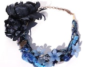 Midnight Statement Necklace Beaded Flower Jewelry