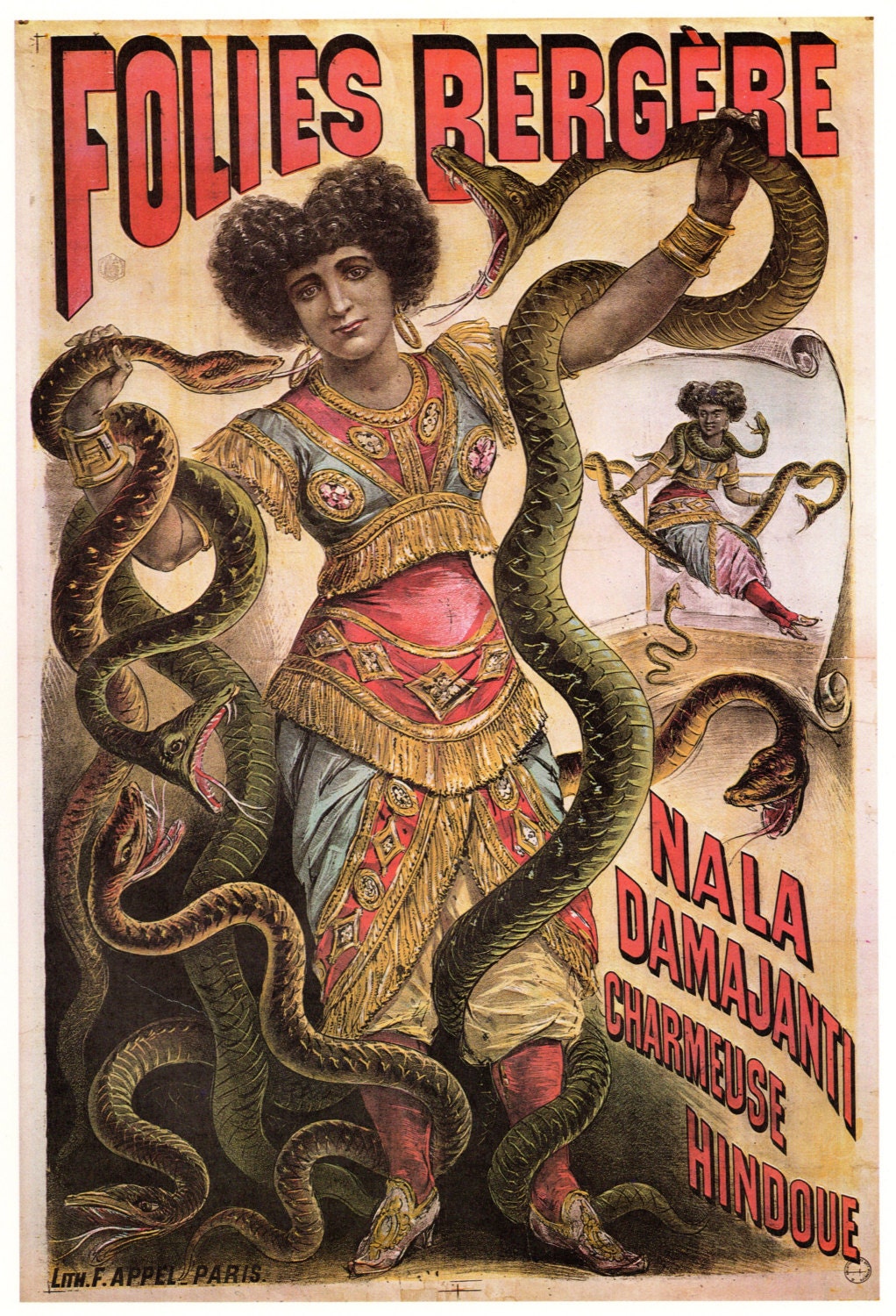 Folies-Bergere. Vintage French Poster. 9.5" x 14" Snake Charmer.