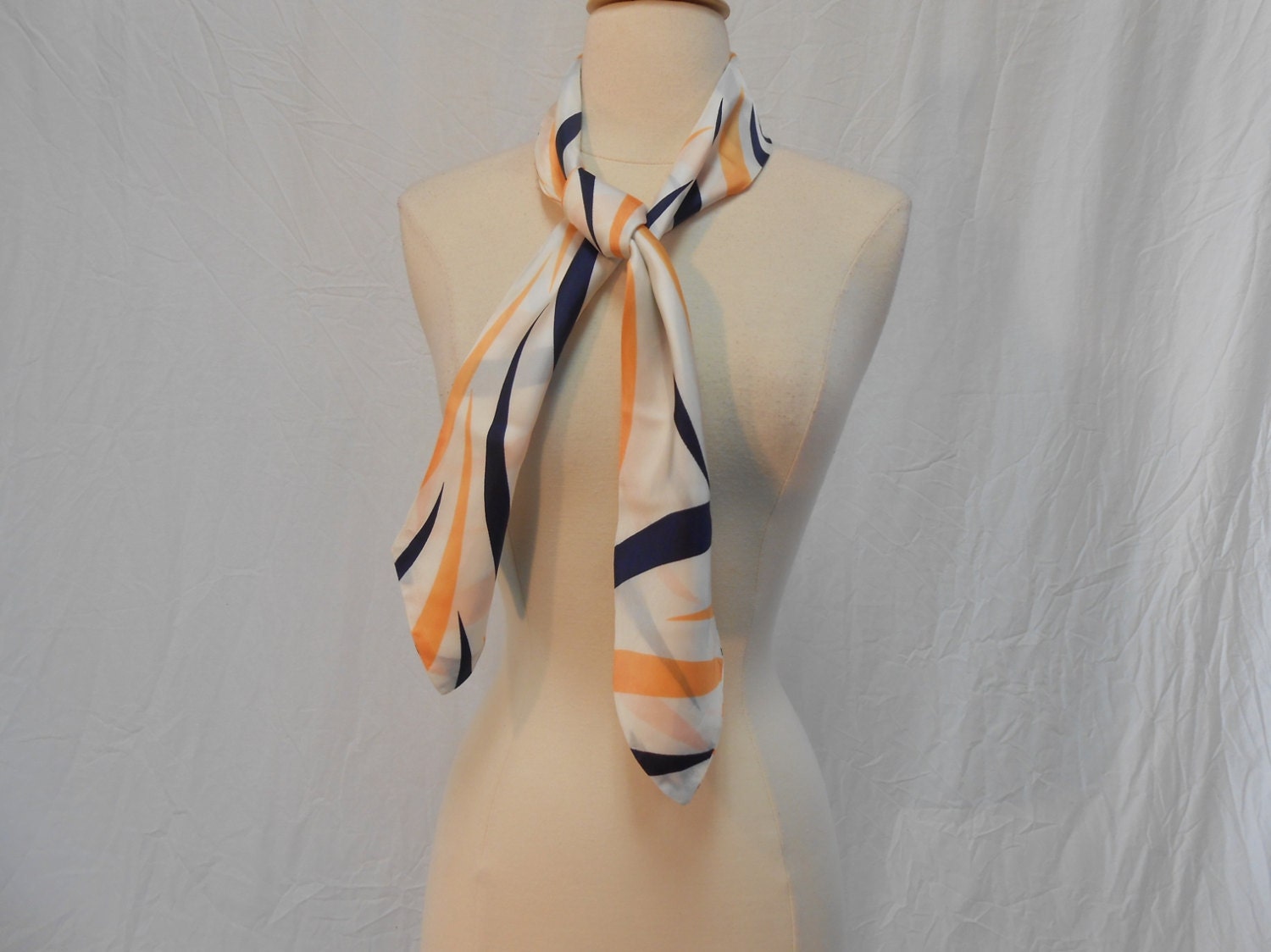 White, Peach & Navy Abstract STRIPED Silky Scarf / Long Tapered Scarf 52 x 5
