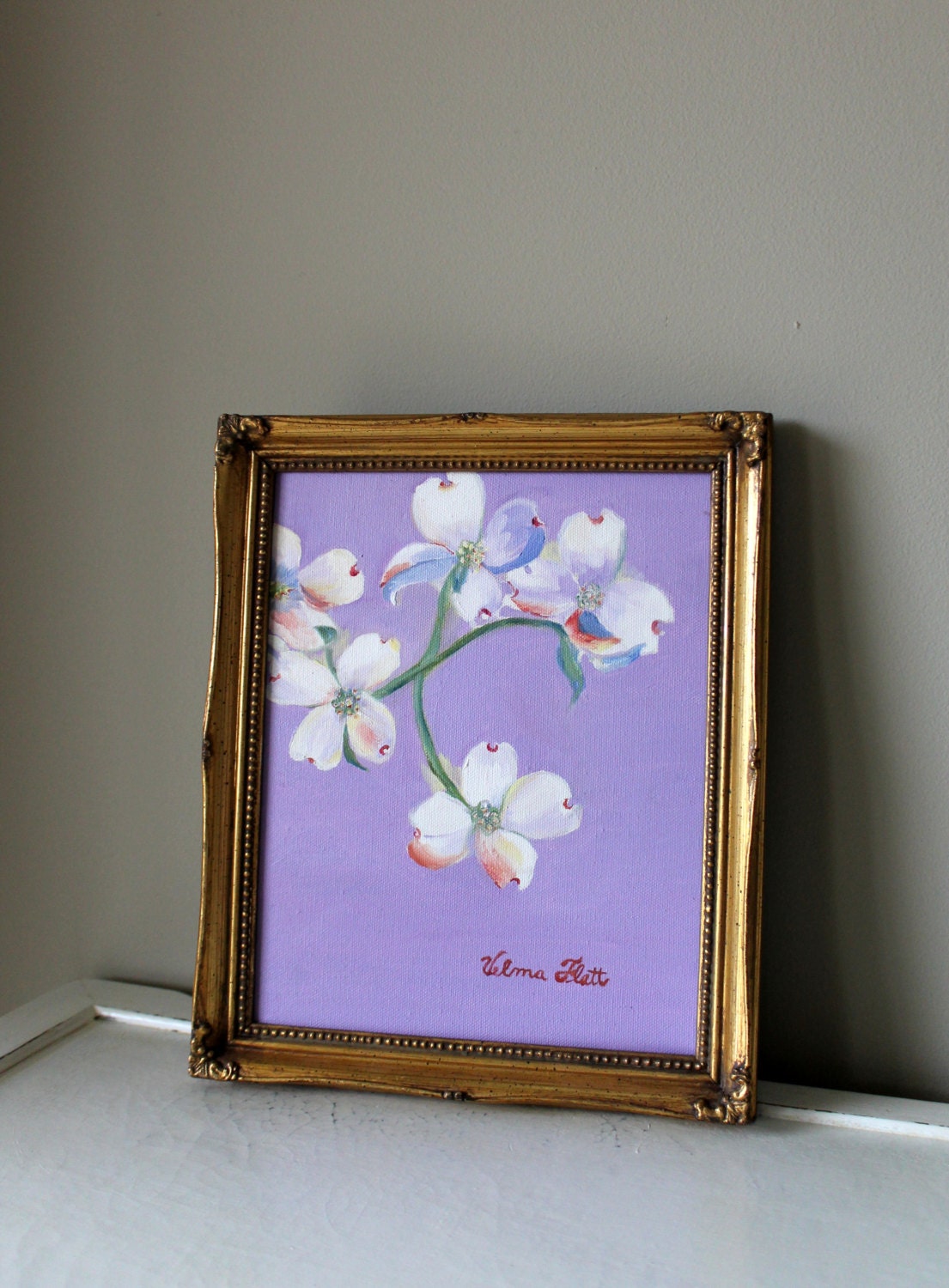 Canvas Framed Art Original Ornate Gold Frame Floral Artwork Painting Purple Nursery Baby Girls Room Gilded Wall