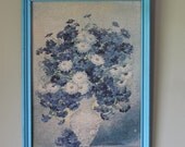 Vintage Floral Art Artwork Wall Large Blue Flowers Wood Frame Framed Home Decor Print Marion Ross