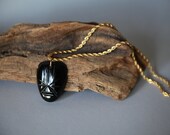 Carved Black Obsidian Tribal Mask Pendant Necklace on Vintage Gold Rope Chain
