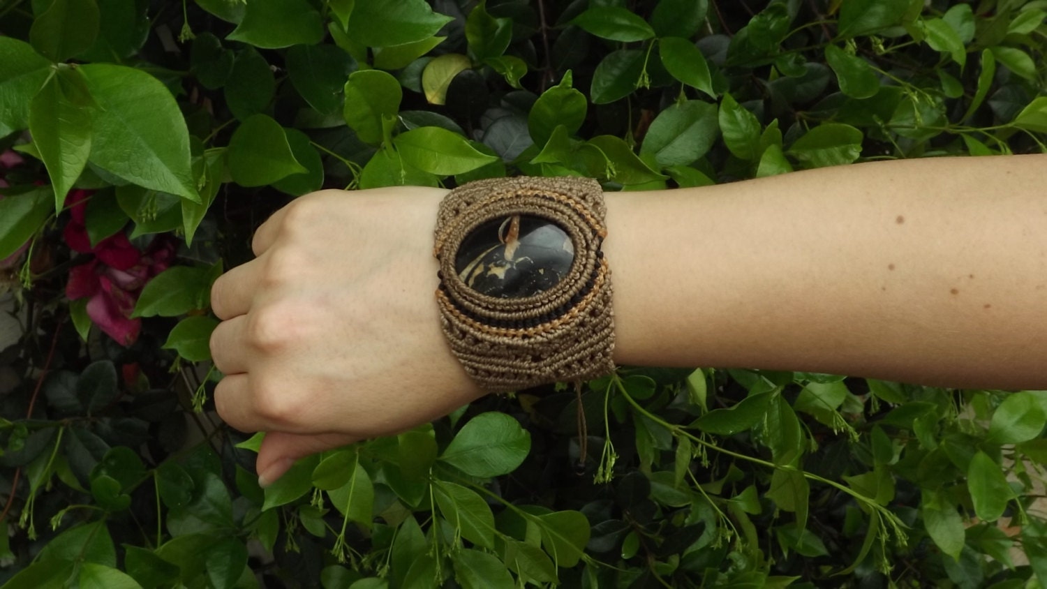 Black Sectariana Handmade Micro Macrame Bracelet Cuff- Tribal- Unisex