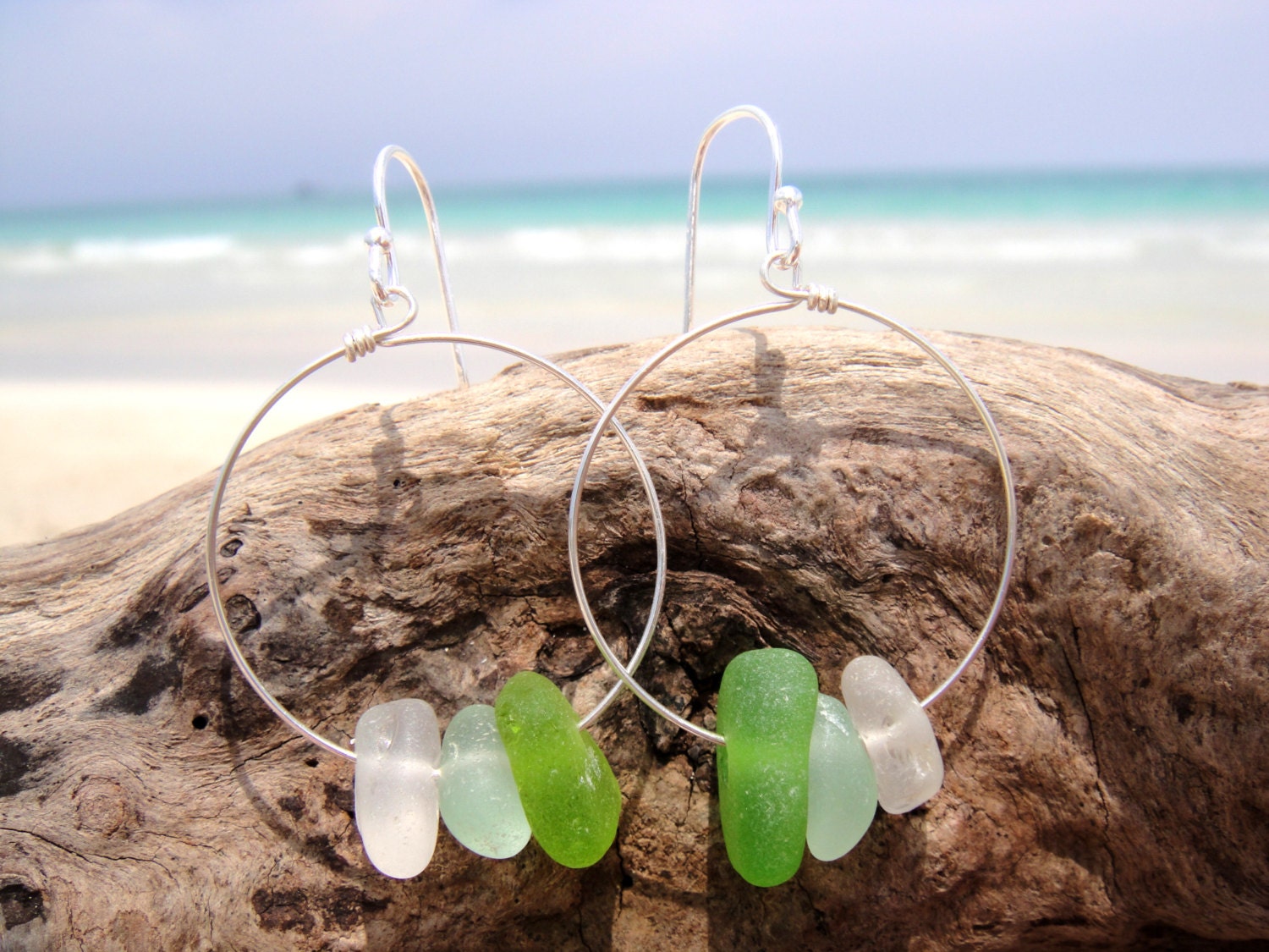 Hawaiian Lime Green, Aqua Blue, & Clear Beach Glass on 925 Sterling Silver Circular Wire Small Hoop Earrings