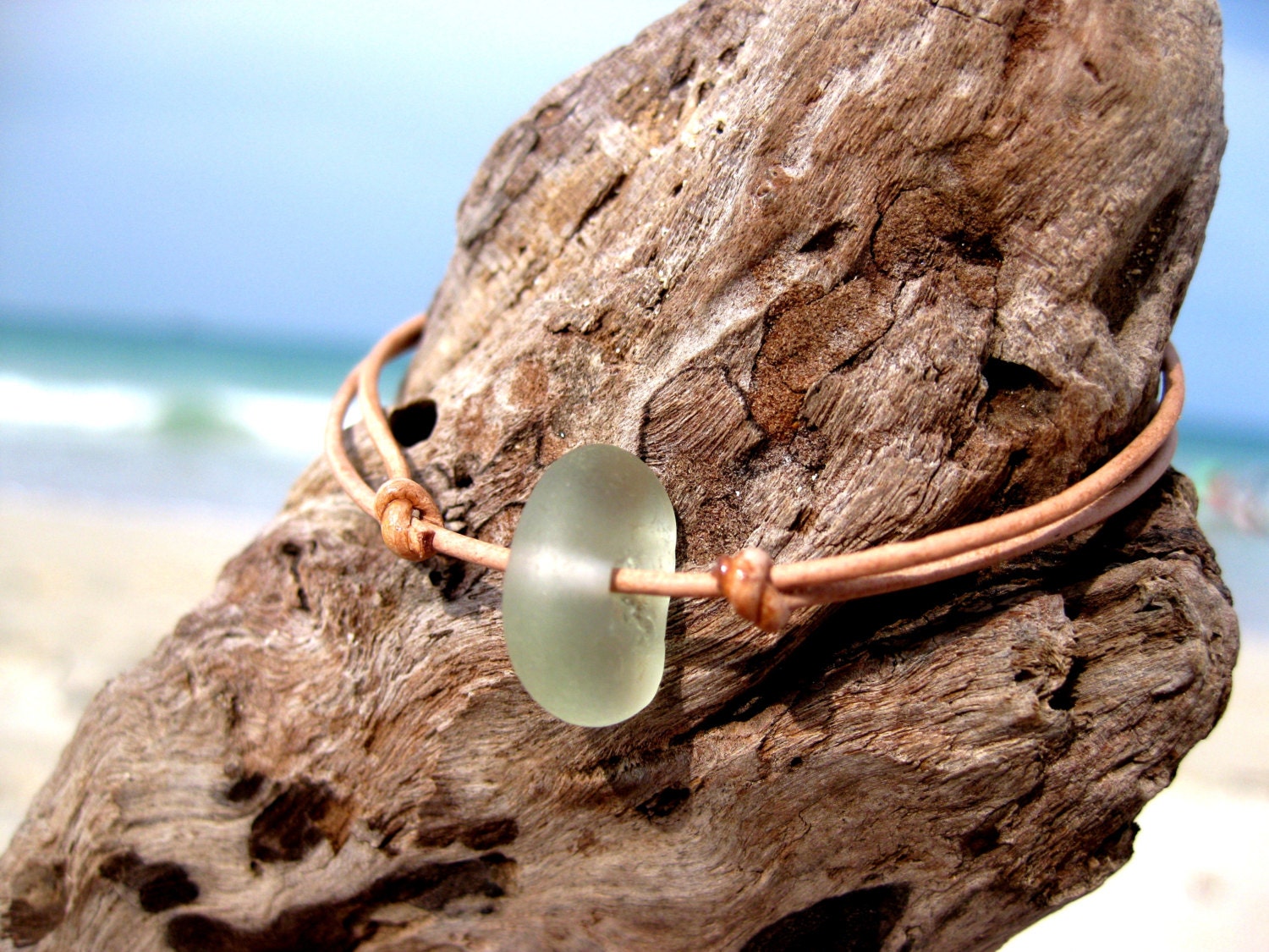 Hawaiian Light Aqua Blue Beach Glass on India Leather Cord Completely Adjustable & Stackable Bracelet
