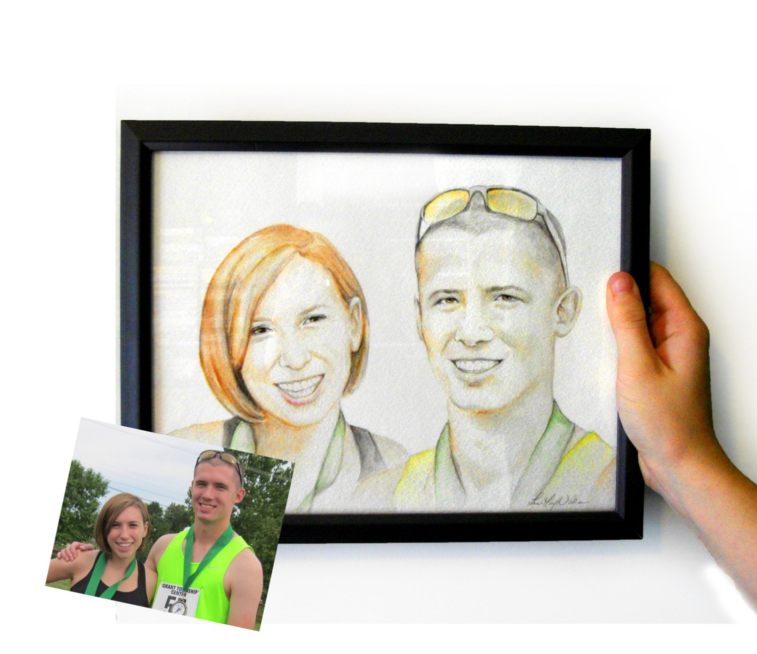 8.5x11 Custom couple portrait original watercolor painting handmade wall art gift