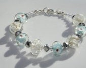 Silver Color Red, White and Light Blue Flower Lampwork Glass Bracelet with Dark Gray Crystals