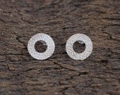 Textured Round Silver Posts, Silver Circle Studs, Hollow Circle Minimalist Earrings, Circle Outline
