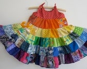 Toddler girl rainbow dress, patchwork twirler, size 2 colourful twirly dress with ruffled layers, red bodice MADE TO ORDER, eco friendly.