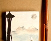 Fathers Day, Home Decor, Wall Decor, Boat Decor, Office Desk Decor--Seattle Space Needle Mixed Media Art