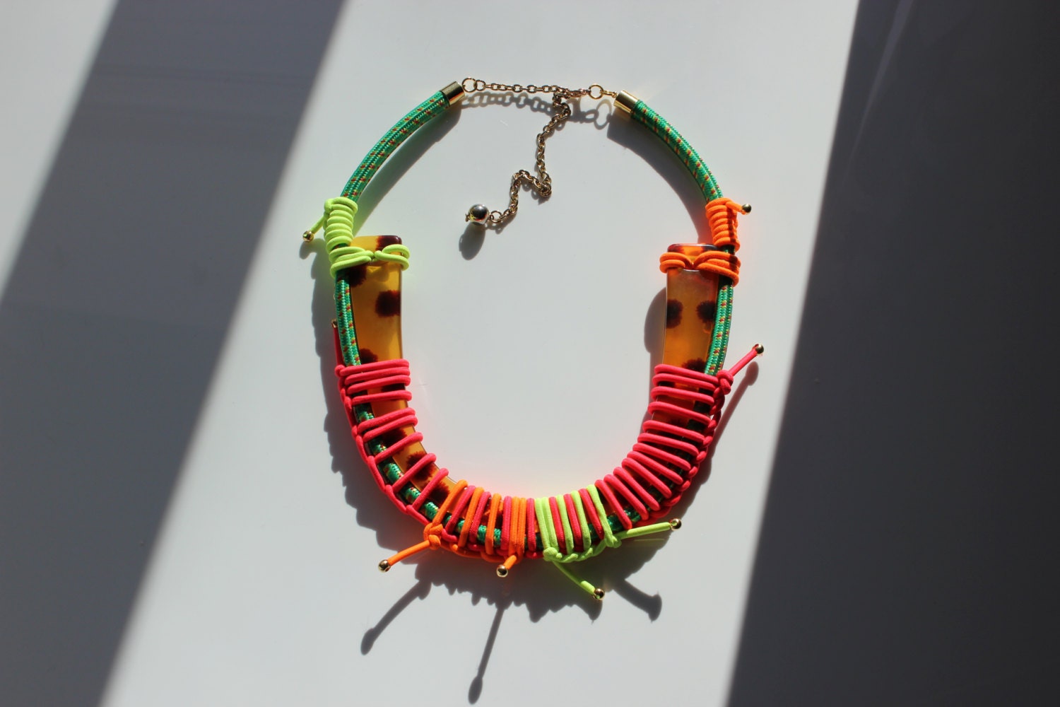 Asymmetrical Statement Necklace with Neon and Emerald Bungee Cord and Tortoiseshell U-plate