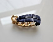 Navy Blue Silk Cord and Silver Elastic Bracelet Cuff with Chunky Gold Chain