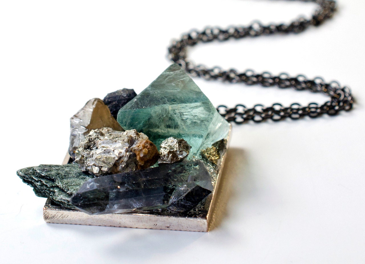 Super Minerals "Crystal Gardens" Pendant with Fluorite, Mystic Titanium Quartz, Pyrite, Apatite, Lepidolite, and Hessonite Garnet.