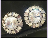 Dazzling Large Rivoli Rhinestone Earrings, Circle of Silver Hearts