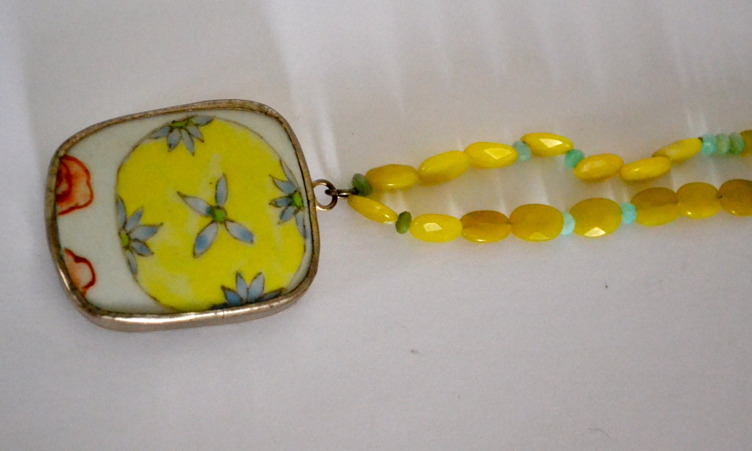 Hand Painted Porcelain Pendant, Lime Green Beads Necklace, VINTAGE Collectors Item, Estate Sale, Item No. B381