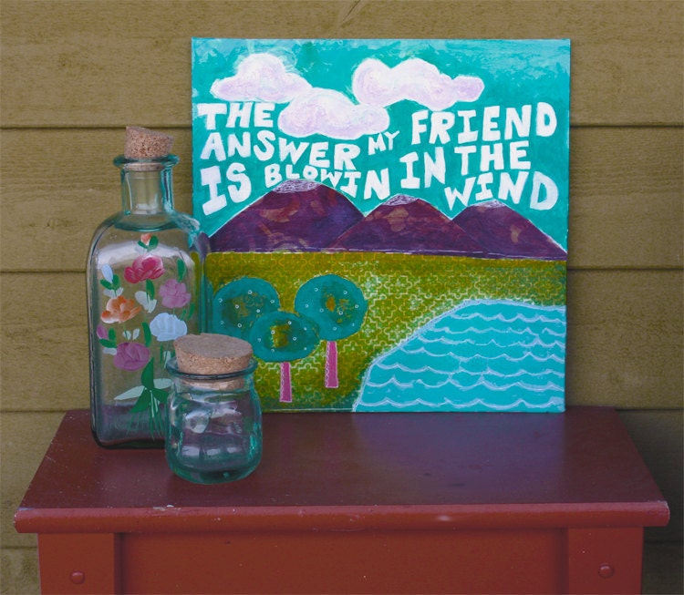 Folk Art  Painting - lyric art, 12x12 collage,  typography art,  typography painting, Bob Dylan song,
