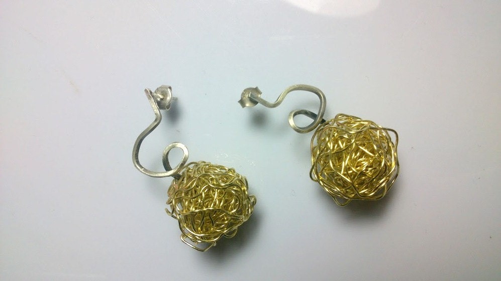 Silver and Gold Tangle Ball Earrings -  Yarn Ball - Love Knot - Wire Ball