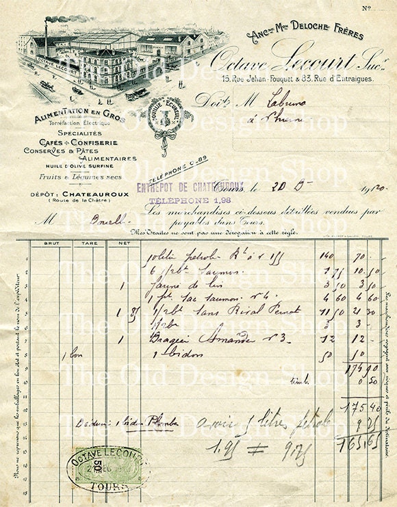 VINTAGE FRENCH INVOICE Dec 21 1920 Digital Collage Sheet for Cardmaking Scrapbooking Altered Art Mixed Media