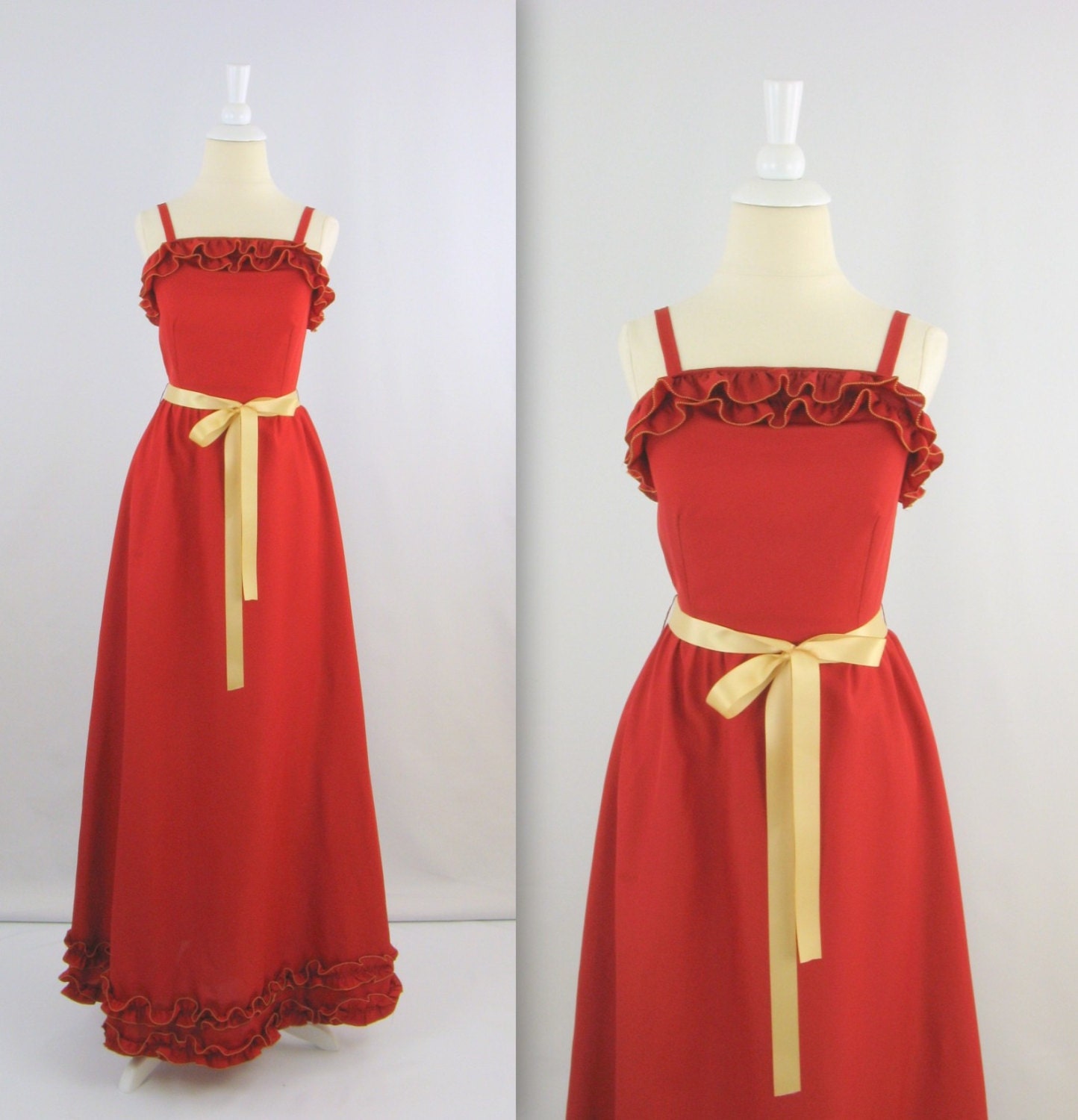 Vintage Burgundy Ruffled Summer Party Dress - 1970s - Small