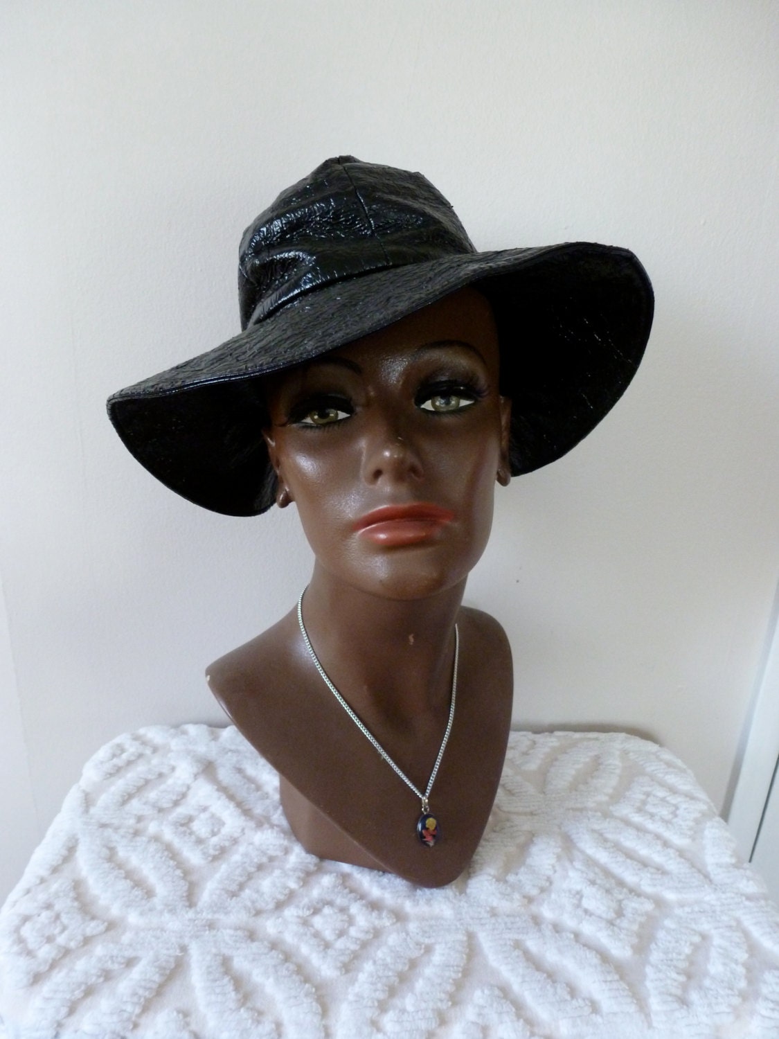 60's MOD Hat Floppy Glossy Black Wide Brim Saks 5th Ave