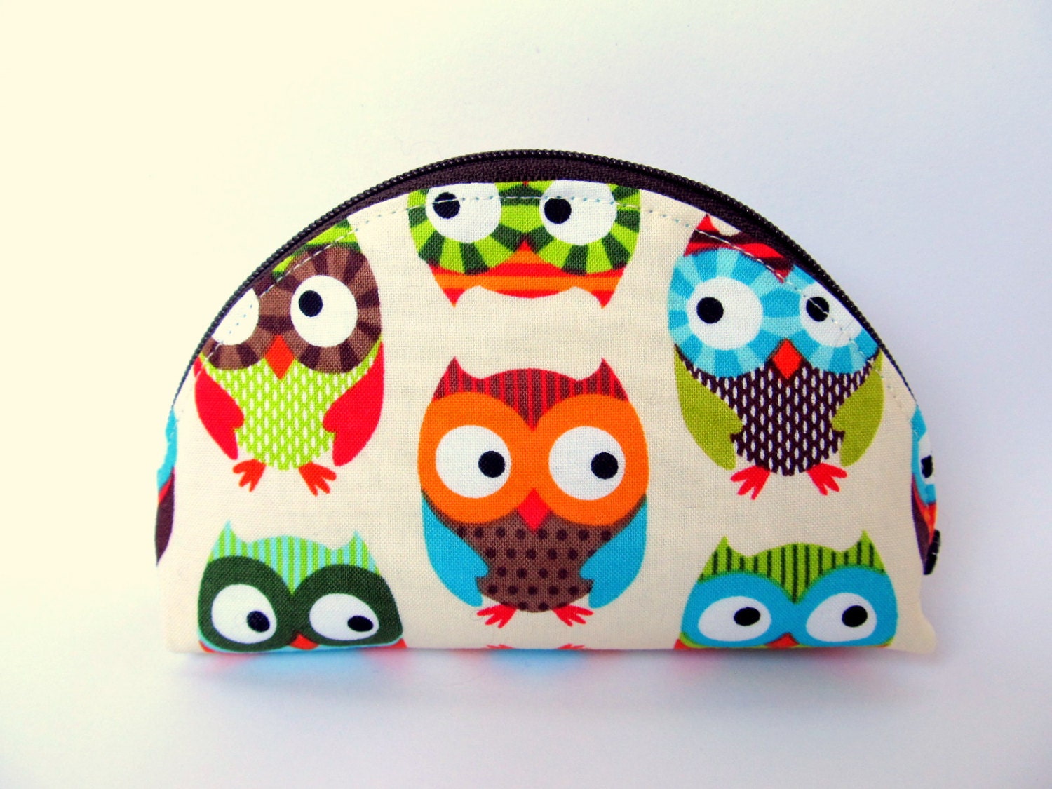 Zipper cosmetic pouch dumpling Cute owls Turquoise blue Orange brown Make up bag