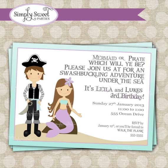 Mermaid and Pirate Birthday Party printable file for 5x7 invitation Il_570xn