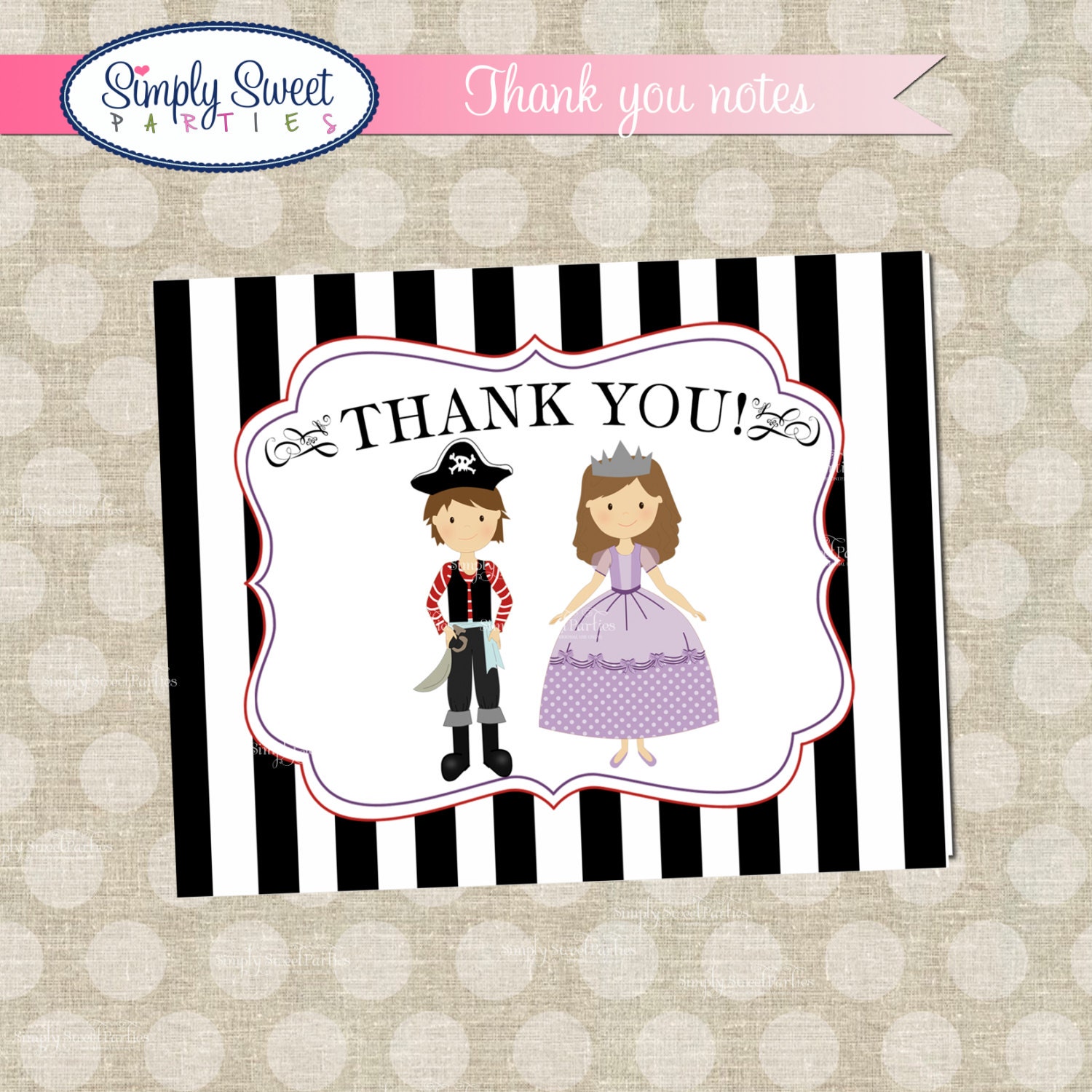 Pirate and Princess Birthday Party DIY printable Thank You notes Il_570xn