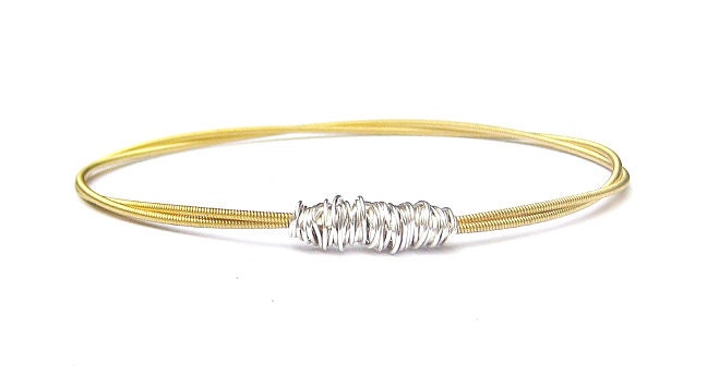 Gold & Silver Bangle Bracelet // Gold Guitar String, Silver Wire Wrap // Twisted, Thick E String // Recycled Jewlery