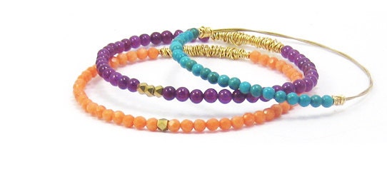Beaded Bangle Bracelets // Guitar String Jewelry // Recycled Eco-Friendly // Set of 3 // Coral Turquoise  Purple Gold // Handmade Recycled